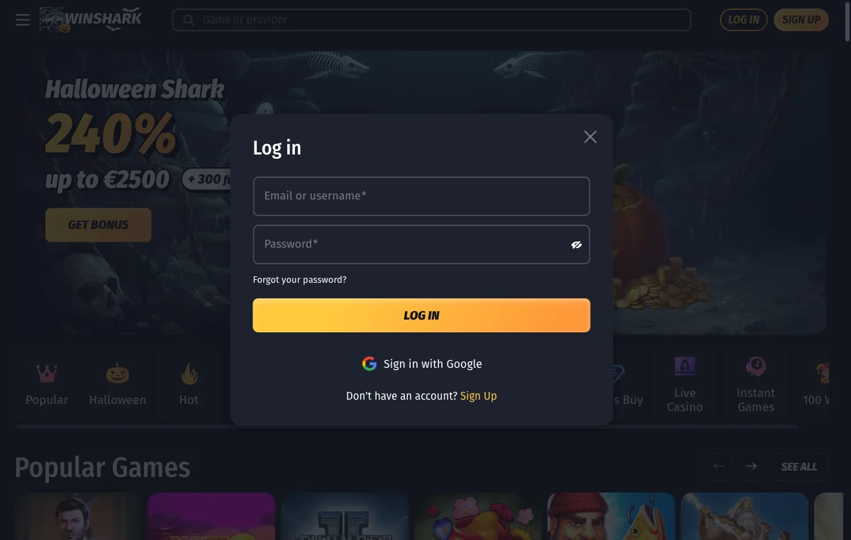WinShark Casino login page as Canadian players see it on a phone, with the fields a home-screen shortcut opens