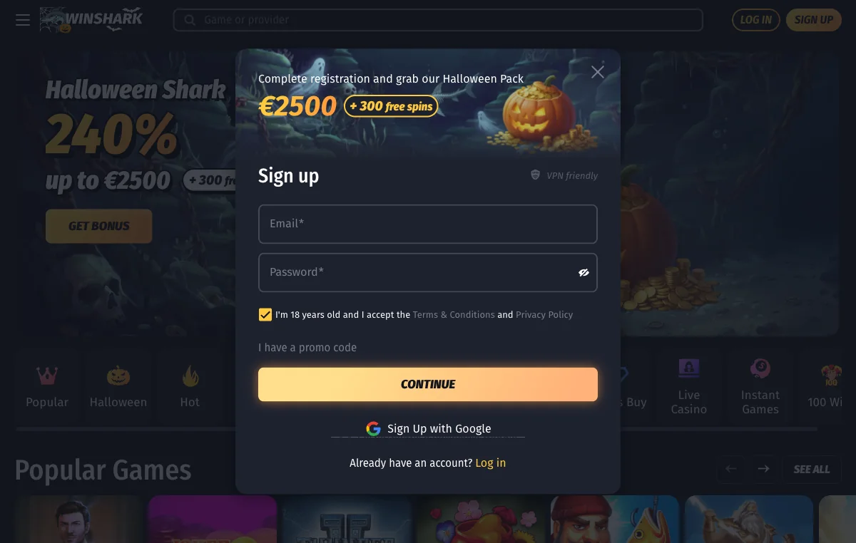 WinShark Casino sign up page as Canadian players see it, showing the optional promo code field, the age tick-box and the VPN friendly label