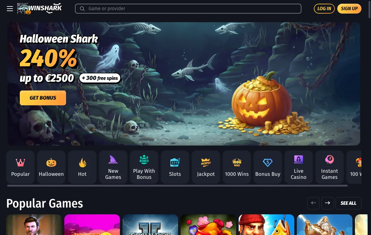 WinShark Casino welcome bonus banner for Canadian players showing the 240% match, the €2,500 cap and 300 free spins above the lobby category rail
